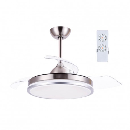 Ventilador de techo con mando 42' motor DC CCT regulable 3 aspas desplegables Transparente y níquel
